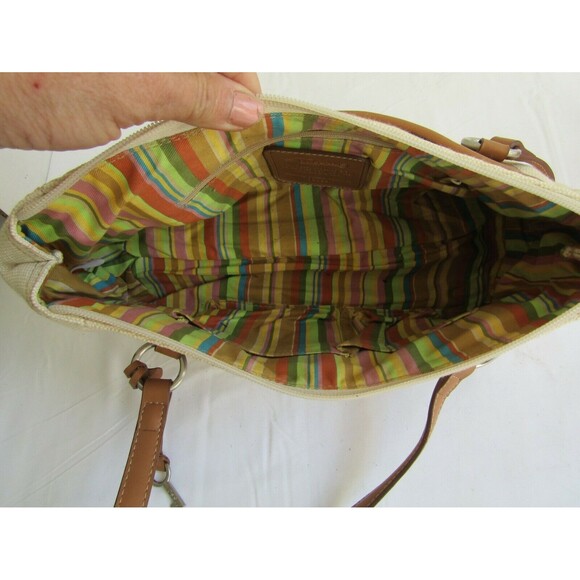 Fossil Key Shoulder Bag Tan Canvas Purse Brown Leather Trim Key Charm - Picture 6 of 7